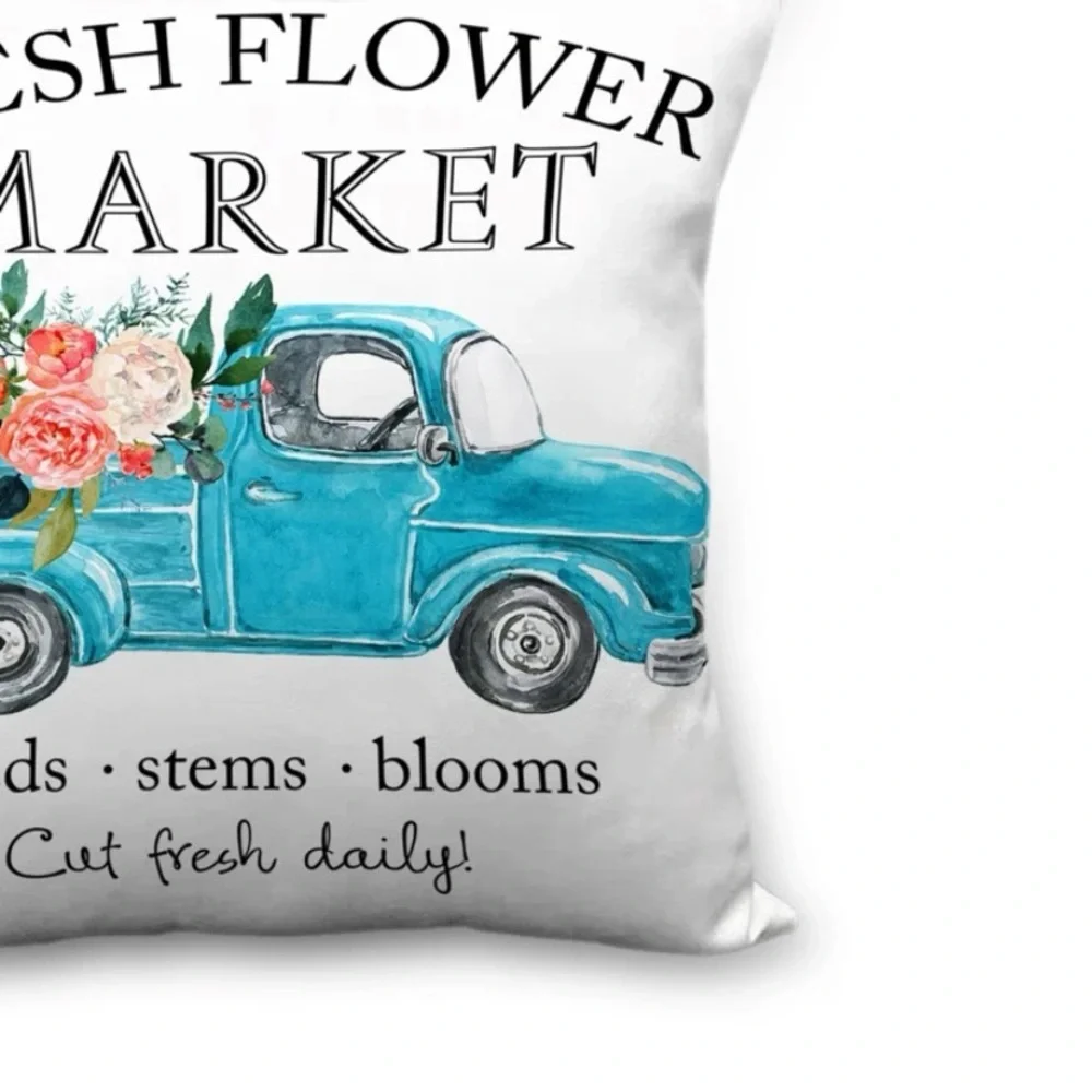 Pickup Truck Throw Pillow Cover Fresh Flower Market Country Rustic Farmhouse NWT